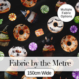 Halloween Donuts Cupcakes Bats Candy and Pumpkins Black Background   Digital Print Fabric by the Metre UK Sewing Quilting Textile