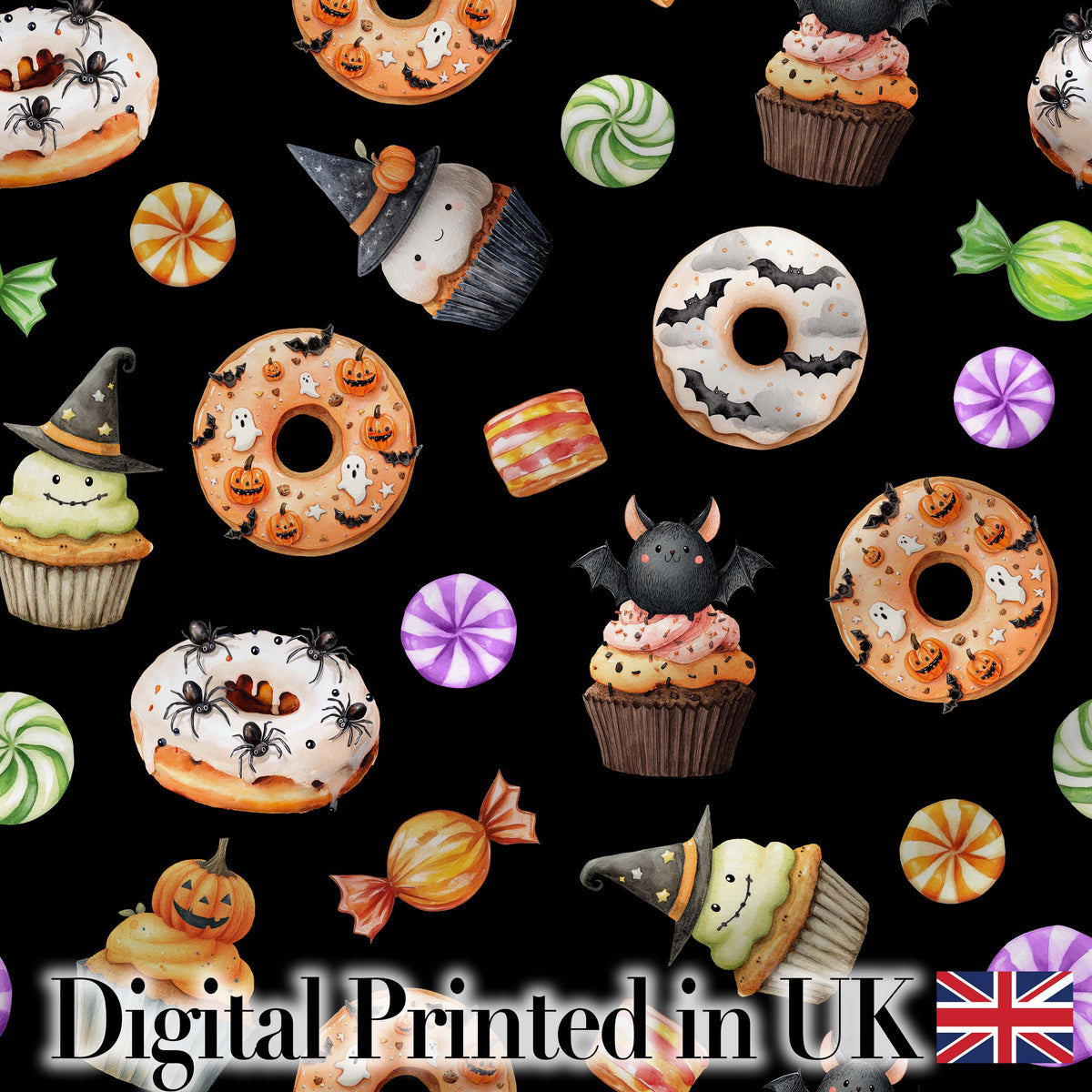 Halloween Donuts Cupcakes Bats Candy and Pumpkins Black Background   Digital Print Fabric by the Metre UK Sewing Quilting Textile