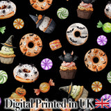 Halloween Donuts Cupcakes Bats Candy and Pumpkins Black Background   Digital Print Fabric by the Metre UK Sewing Quilting Textile