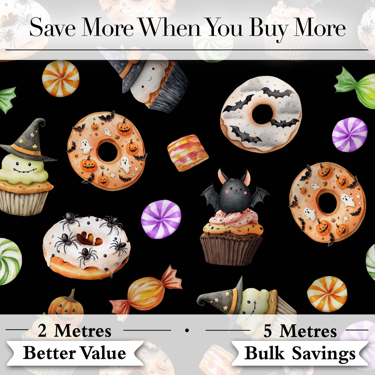 Halloween Donuts Cupcakes Bats Candy and Pumpkins Black Background   Digital Print Fabric by the Metre UK Sewing Quilting Textile