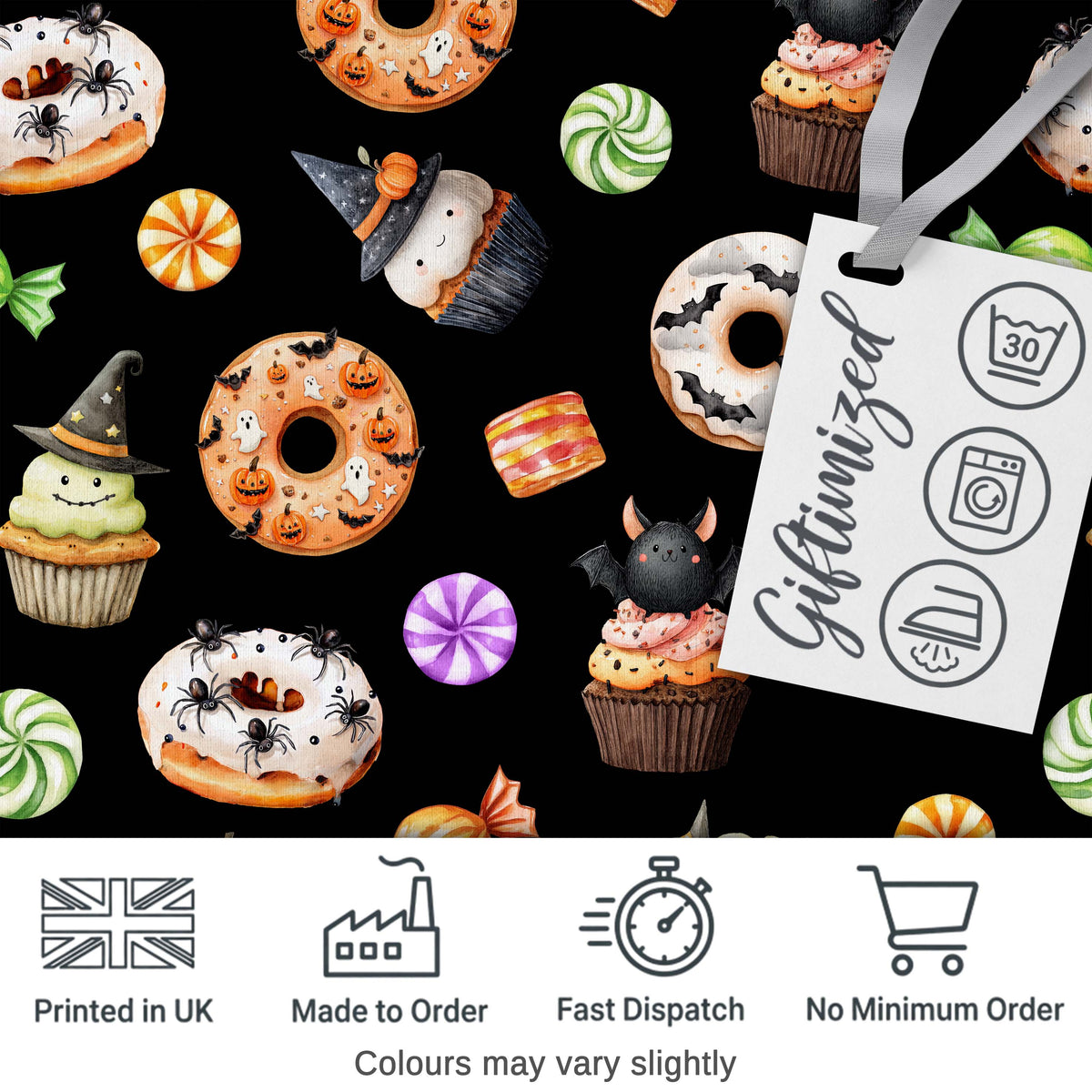 Halloween Donuts Cupcakes Bats Candy and Pumpkins Black Background   Digital Print Fabric by the Metre UK Sewing Quilting Textile