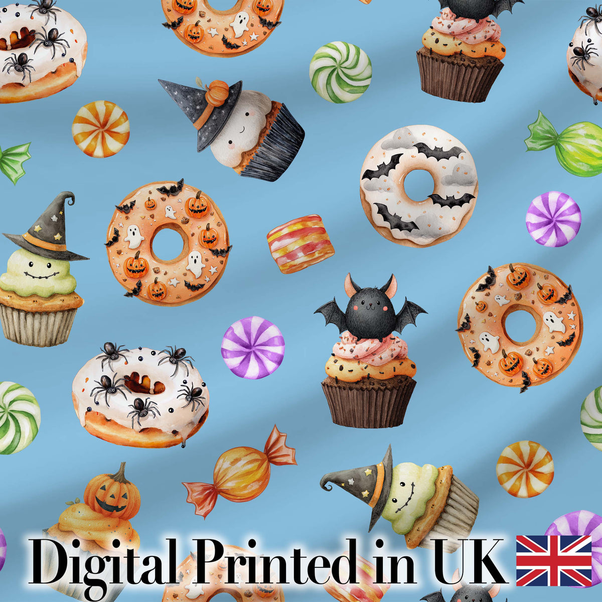 Halloween Donuts Cupcakes Bats Candy and Pumpkins Blue Background   Digital Print Fabric by the Metre UK Sewing Quilting Textile