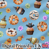 Halloween Donuts Cupcakes Bats Candy and Pumpkins Blue Background   Digital Print Fabric by the Metre UK Sewing Quilting Textile