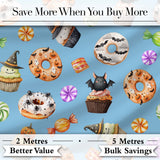 Halloween Donuts Cupcakes Bats Candy and Pumpkins Blue Background   Digital Print Fabric by the Metre UK Sewing Quilting Textile