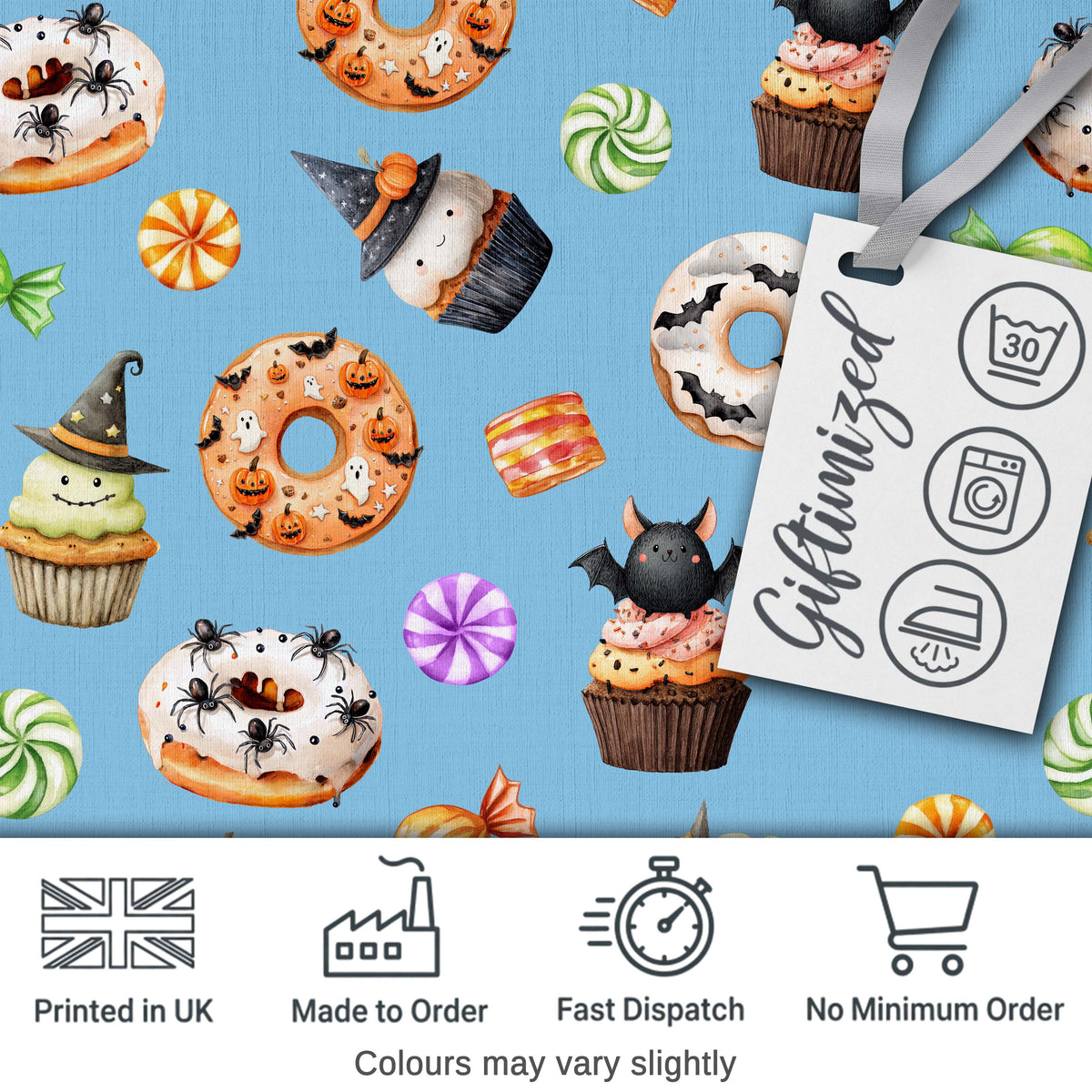 Halloween Donuts Cupcakes Bats Candy and Pumpkins Blue Background   Digital Print Fabric by the Metre UK Sewing Quilting Textile