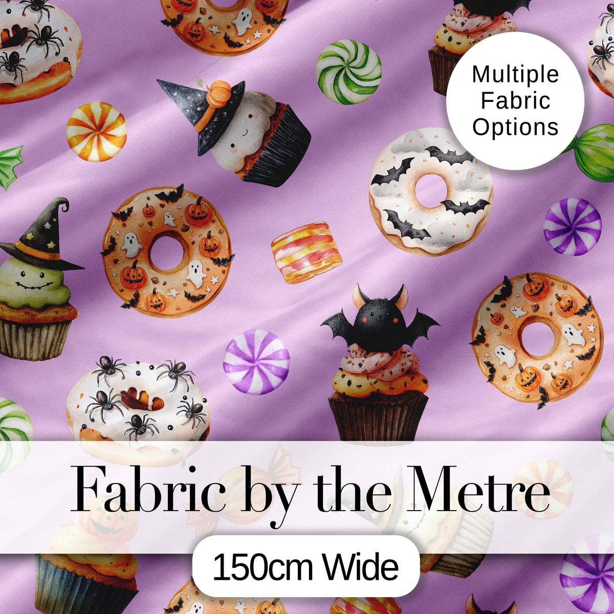 Cute Halloween Donuts Cupcakes Bats Candy and Pumpkins Background   Digital Print Fabric by the Metre UK Sewing Quilting Textile