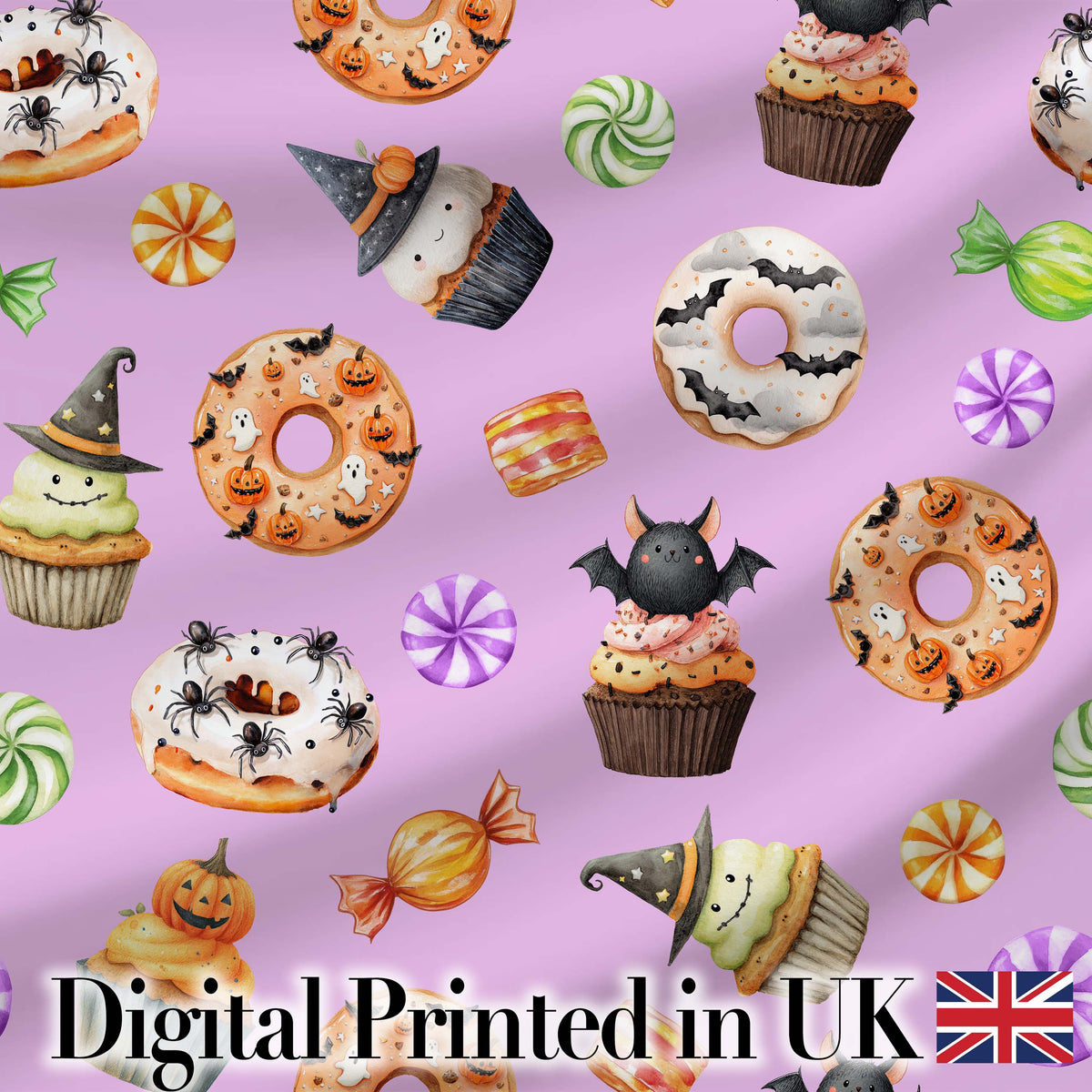 Cute Halloween Donuts Cupcakes Bats Candy and Pumpkins Background   Digital Print Fabric by the Metre UK Sewing Quilting Textile