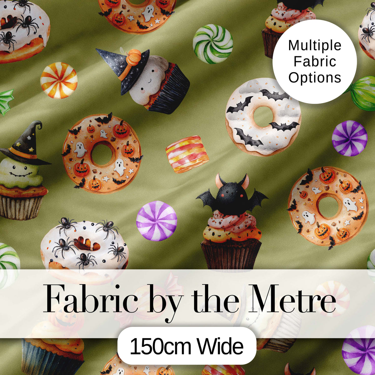 Cute Halloween Donuts Cupcakes Bats Candy and Pumpkins Olive Green Background   Digital Print Fabric by the Metre UK Sewing Quilting Textile