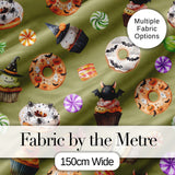 Cute Halloween Donuts Cupcakes Bats Candy and Pumpkins Olive Green Background   Digital Print Fabric by the Metre UK Sewing Quilting Textile