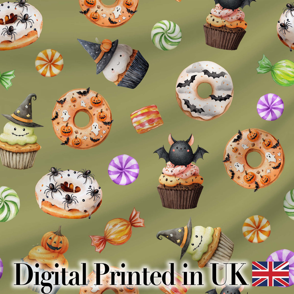 Cute Halloween Donuts Cupcakes Bats Candy and Pumpkins Olive Green Background   Digital Print Fabric by the Metre UK Sewing Quilting Textile