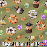 Cute Halloween Donuts Cupcakes Bats Candy and Pumpkins Olive Green Background   Digital Print Fabric by the Metre UK Sewing Quilting Textile