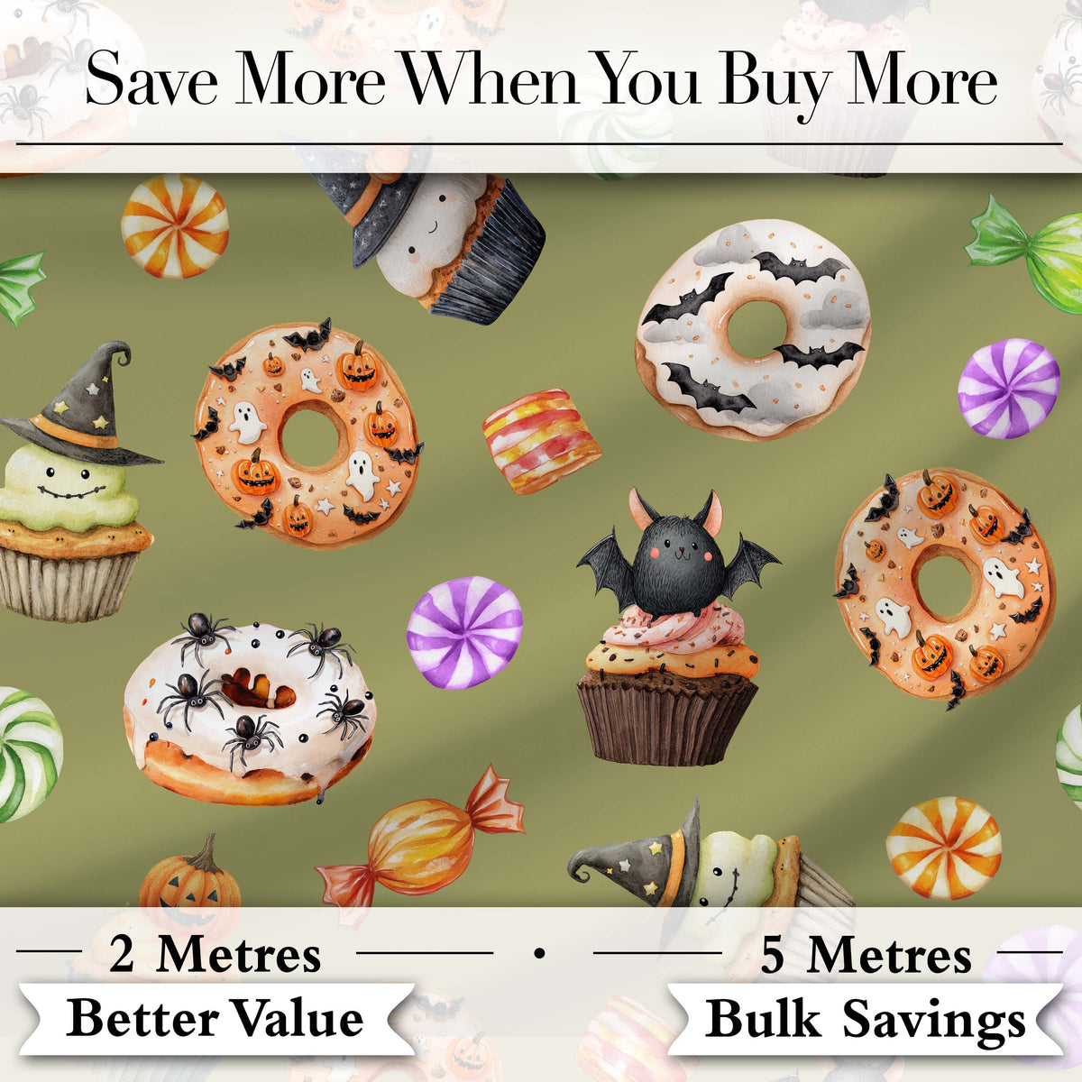 Cute Halloween Donuts Cupcakes Bats Candy and Pumpkins Olive Green Background   Digital Print Fabric by the Metre UK Sewing Quilting Textile
