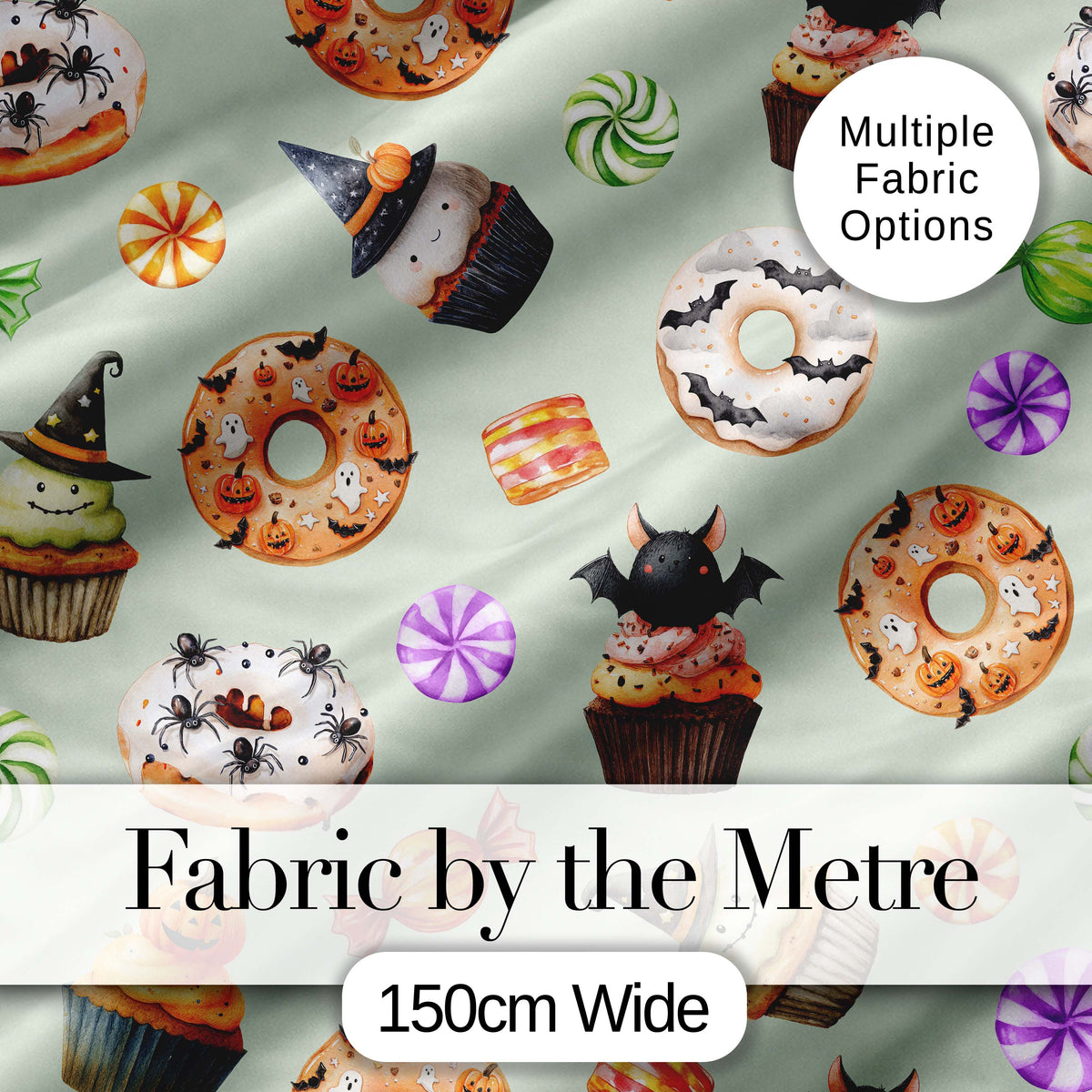 Cute Halloween Donuts Cupcakes Bats Candy and Pumpkins Sage Green Background   Digital Print Fabric by the Metre UK Sewing Quilting Textile