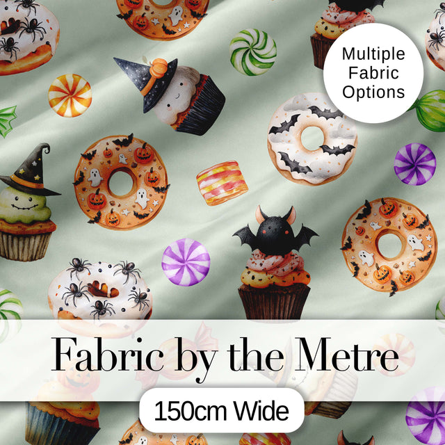 Cute Halloween Donuts Cupcakes Bats Candy and Pumpkins Sage Green Background   Digital Print Fabric by the Metre UK Sewing Quilting Textile