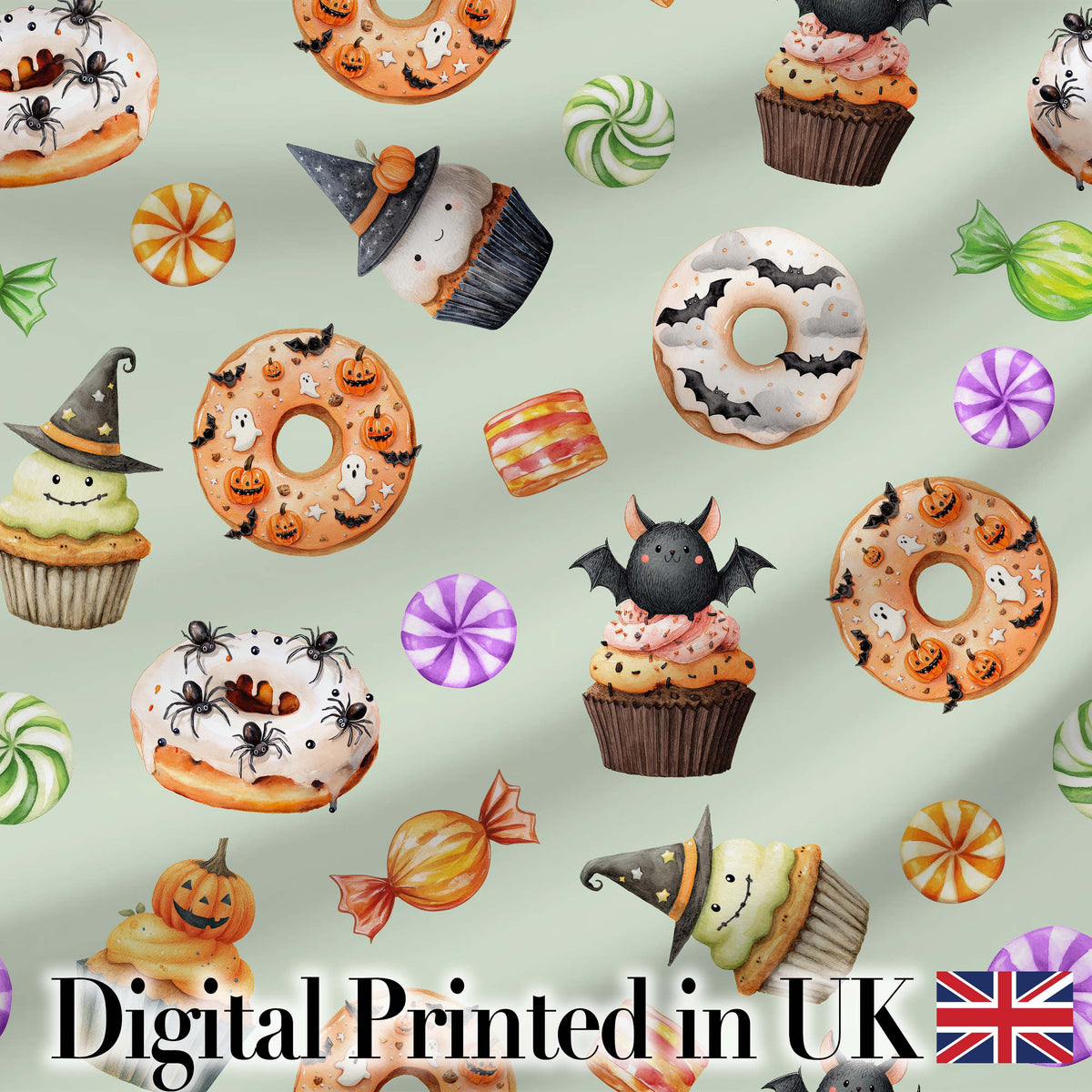 Cute Halloween Donuts Cupcakes Bats Candy and Pumpkins Sage Green Background   Digital Print Fabric by the Metre UK Sewing Quilting Textile