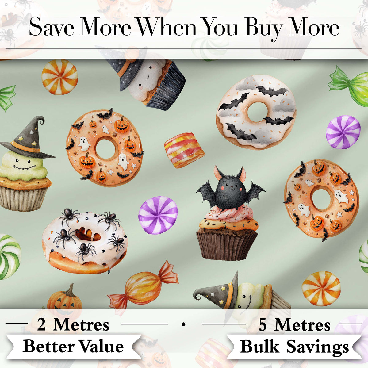 Cute Halloween Donuts Cupcakes Bats Candy and Pumpkins Sage Green Background   Digital Print Fabric by the Metre UK Sewing Quilting Textile