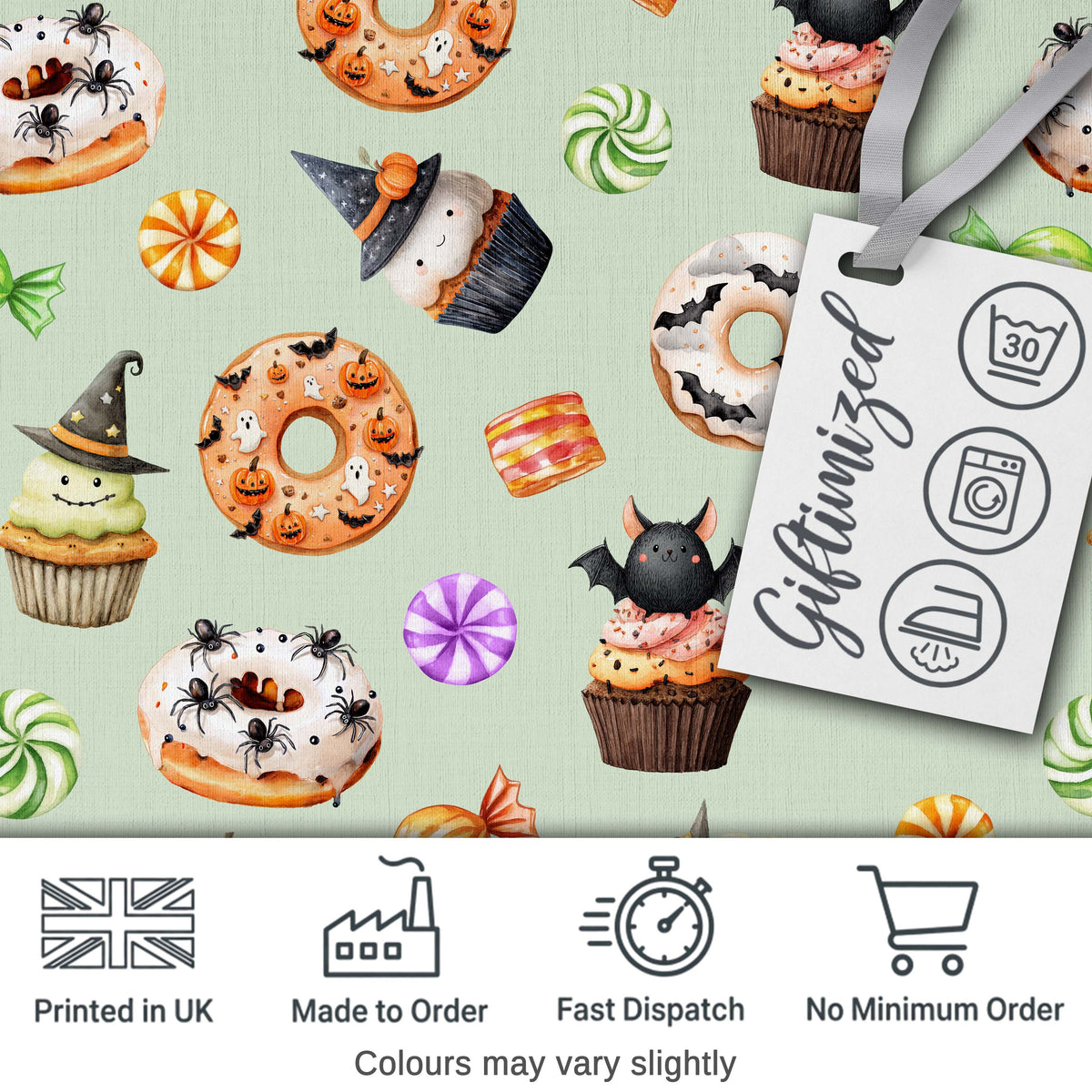 Cute Halloween Donuts Cupcakes Bats Candy and Pumpkins Sage Green Background   Digital Print Fabric by the Metre UK Sewing Quilting Textile