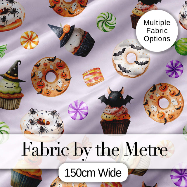 Halloween Donuts Cupcakes Bats Candy and Pumpkins Light Purple Background   Digital Print Fabric by the Metre UK Sewing Quilting Textile