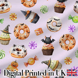 Halloween Donuts Cupcakes Bats Candy and Pumpkins Light Purple Background   Digital Print Fabric by the Metre UK Sewing Quilting Textile