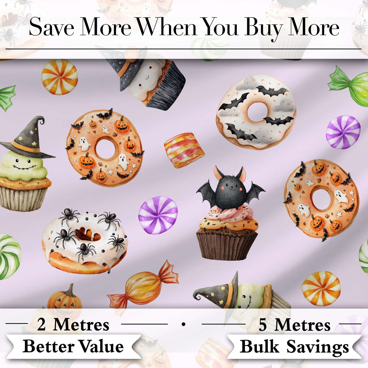 Halloween Donuts Cupcakes Bats Candy and Pumpkins Light Purple Background   Digital Print Fabric by the Metre UK Sewing Quilting Textile