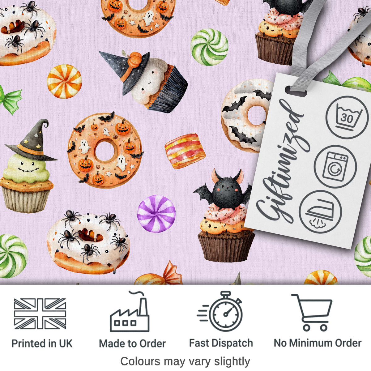 Halloween Donuts Cupcakes Bats Candy and Pumpkins Light Purple Background   Digital Print Fabric by the Metre UK Sewing Quilting Textile