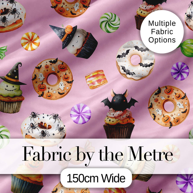 Cute Halloween Donuts Cupcakes Bats Candy and Pumpkins Pink Background   Digital Print Fabric by the Metre UK Sewing Quilting Textile