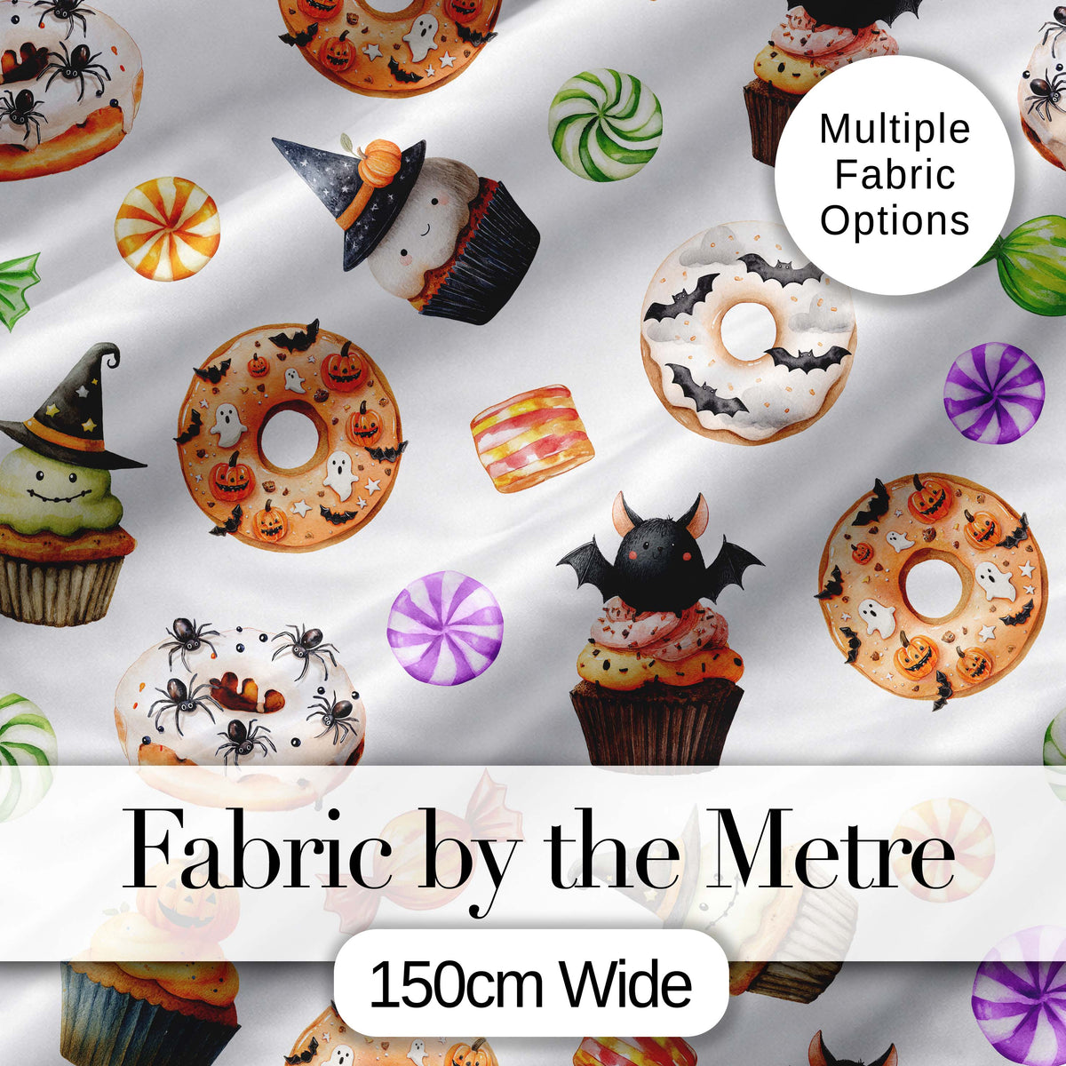 Cute Halloween Donuts Cupcakes Bats Candy and Pumpkins White Background   Digital Print Fabric by the Metre UK Sewing Quilting Textile