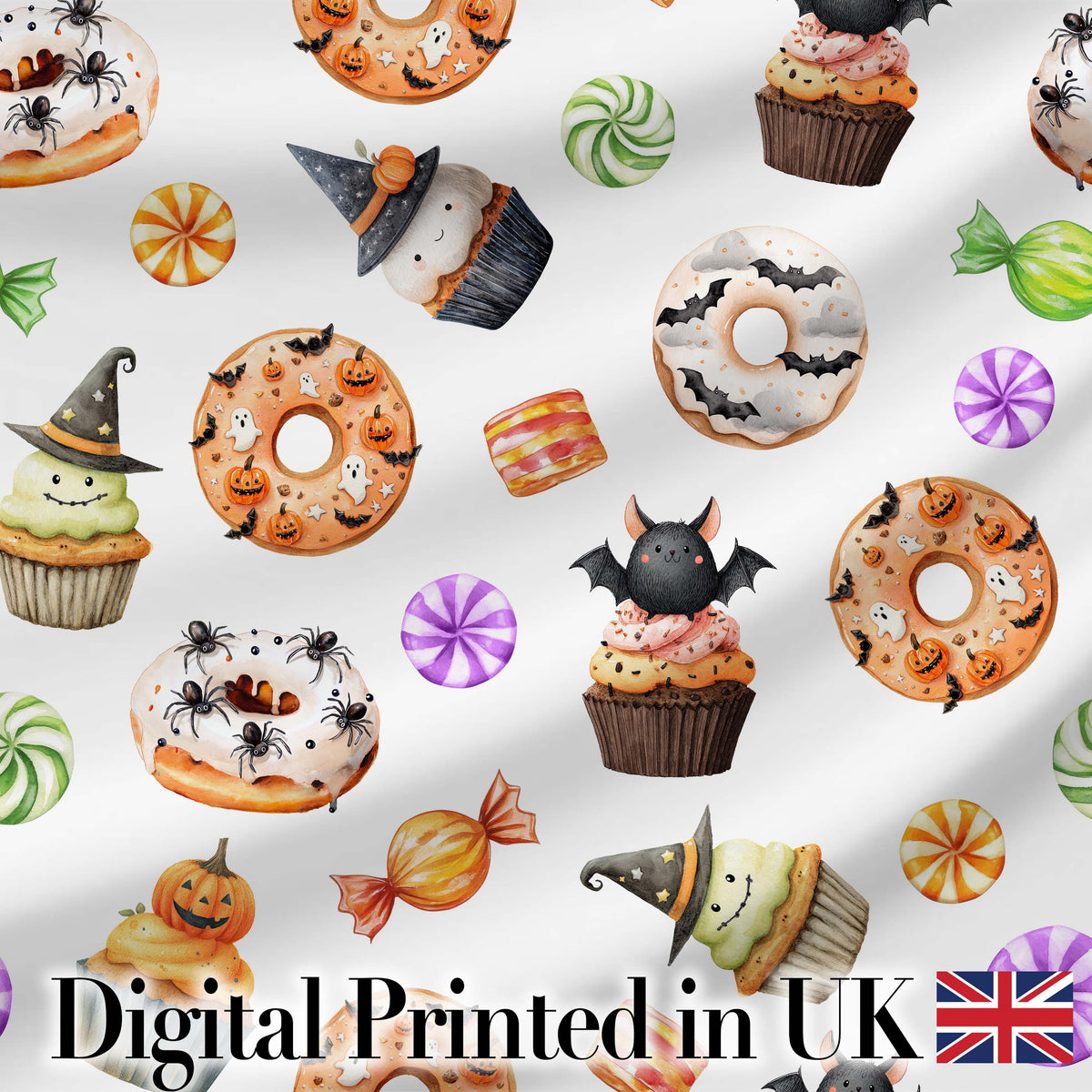 Cute Halloween Donuts Cupcakes Bats Candy and Pumpkins White Background   Digital Print Fabric by the Metre UK Sewing Quilting Textile