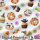 Cute Halloween Donuts Cupcakes Bats Candy and Pumpkins White Background   Digital Print Fabric by the Metre UK Sewing Quilting Textile