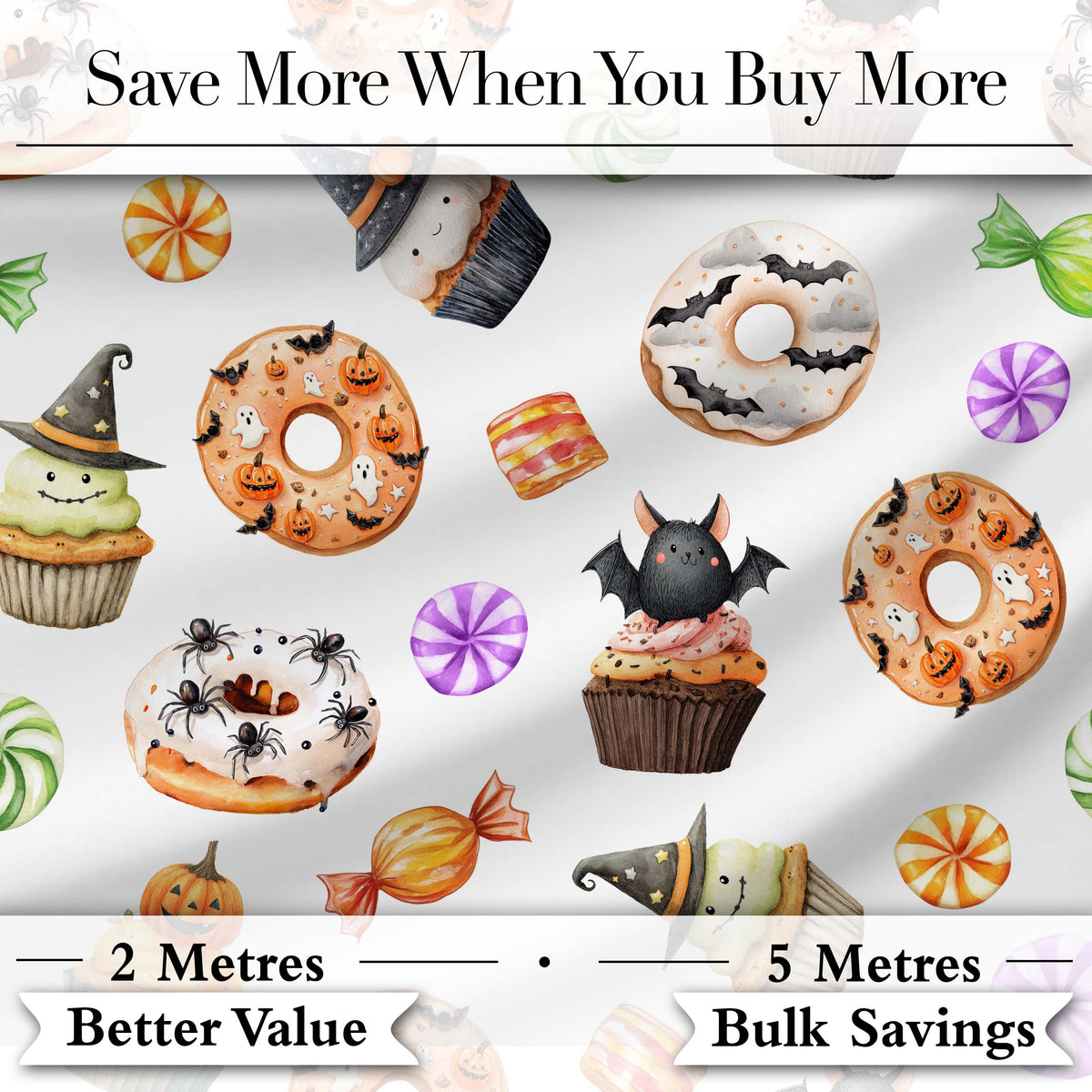 Cute Halloween Donuts Cupcakes Bats Candy and Pumpkins White Background   Digital Print Fabric by the Metre UK Sewing Quilting Textile