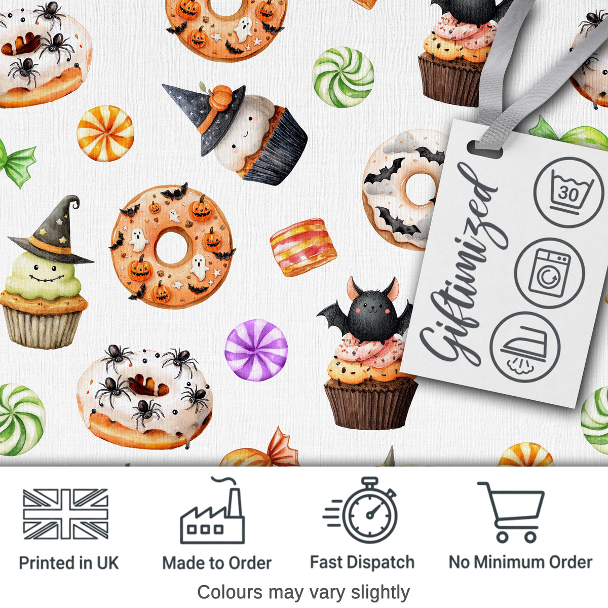 Cute Halloween Donuts Cupcakes Bats Candy and Pumpkins White Background   Digital Print Fabric by the Metre UK Sewing Quilting Textile