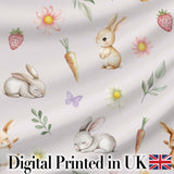 Bunny Rabbits with Flowers Carrots and Butterflies Soft Neutral Background   Digital Print Fabric by the Metre UK Sewing Quilting Textile