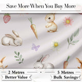 Bunny Rabbits with Flowers Carrots and Butterflies Soft Neutral Background   Digital Print Fabric by the Metre UK Sewing Quilting Textile