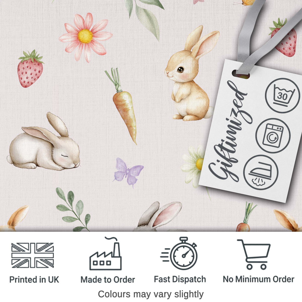 Bunny Rabbits with Flowers Carrots and Butterflies Soft Neutral Background   Digital Print Fabric by the Metre UK Sewing Quilting Textile