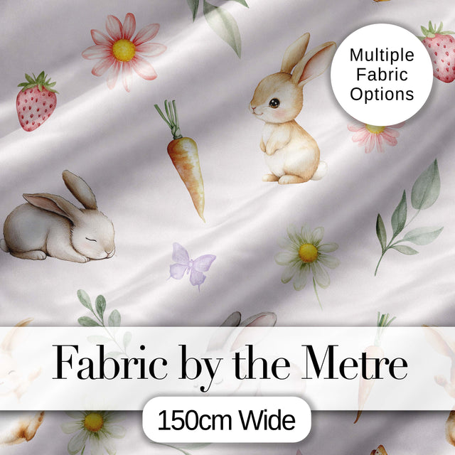Cute Bunny Rabbits with Flowers Carrots and Butterflies Cream Background   Digital Print Fabric by the Metre UK Sewing Quilting Textile