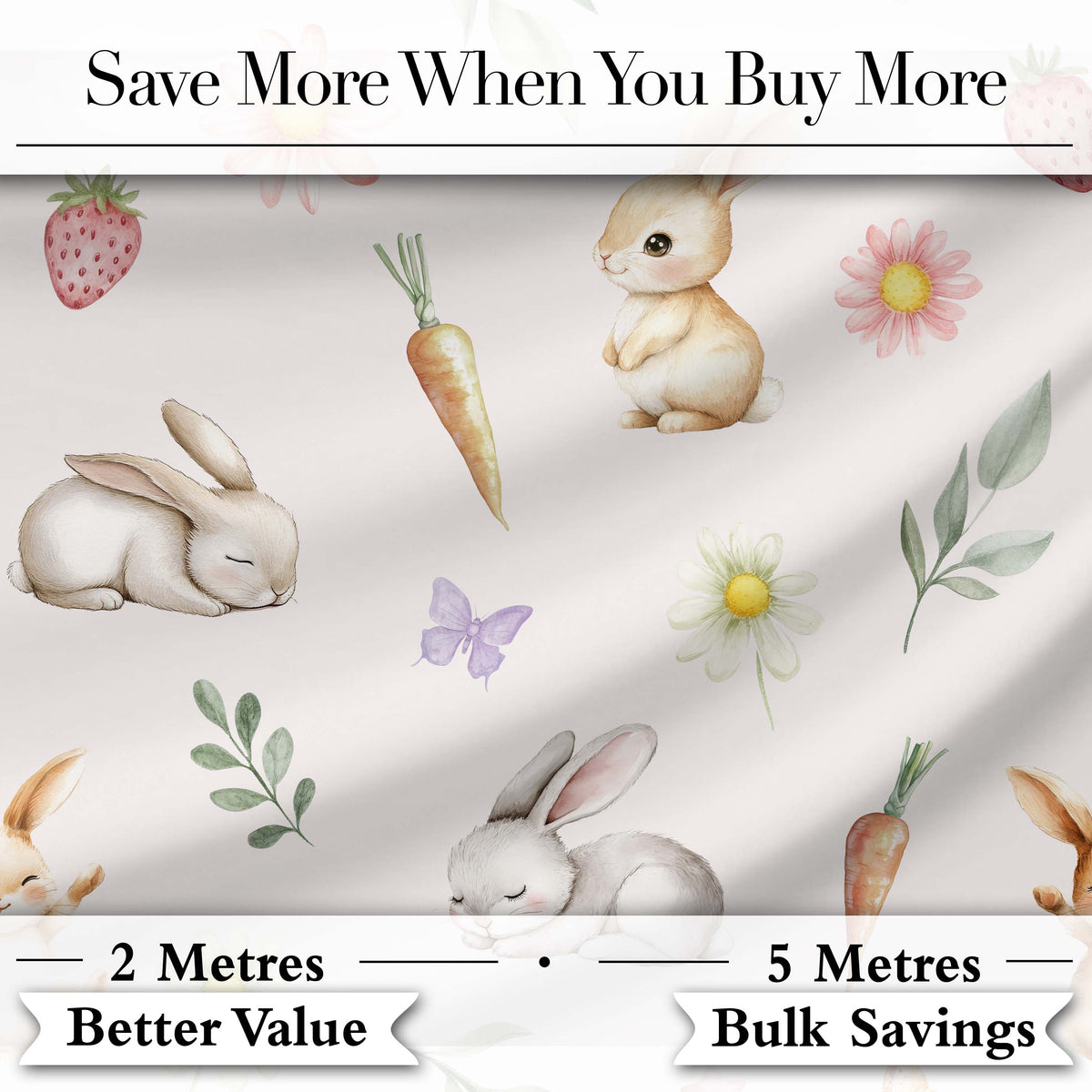 Cute Bunny Rabbits with Flowers Carrots and Butterflies Cream Background   Digital Print Fabric by the Metre UK Sewing Quilting Textile
