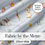 Cute Bunny Rabbits with Flowers Carrots and Butterflies Soft Blue Background   Digital Print Fabric by the Metre UK Sewing Quilting Textile