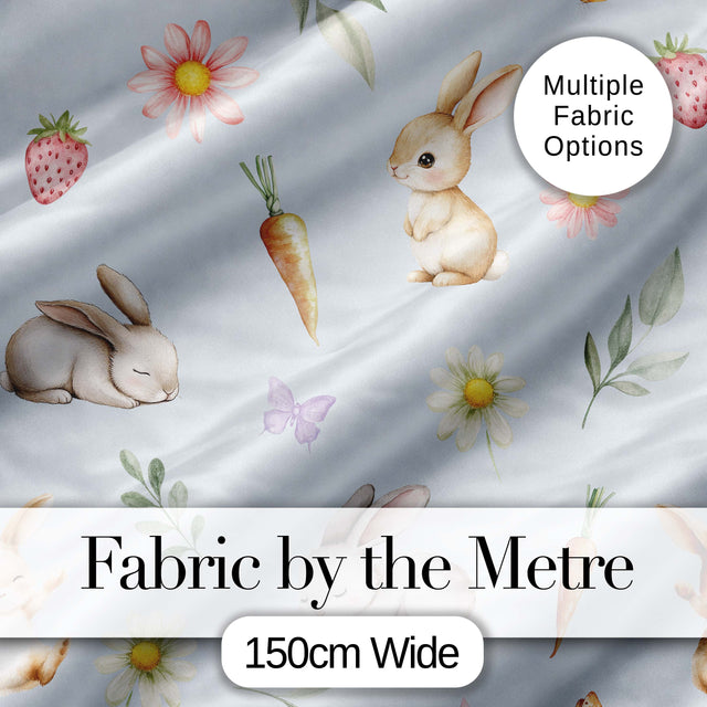 Cute Bunny Rabbits with Flowers Carrots and Butterflies Soft Blue Background   Digital Print Fabric by the Metre UK Sewing Quilting Textile