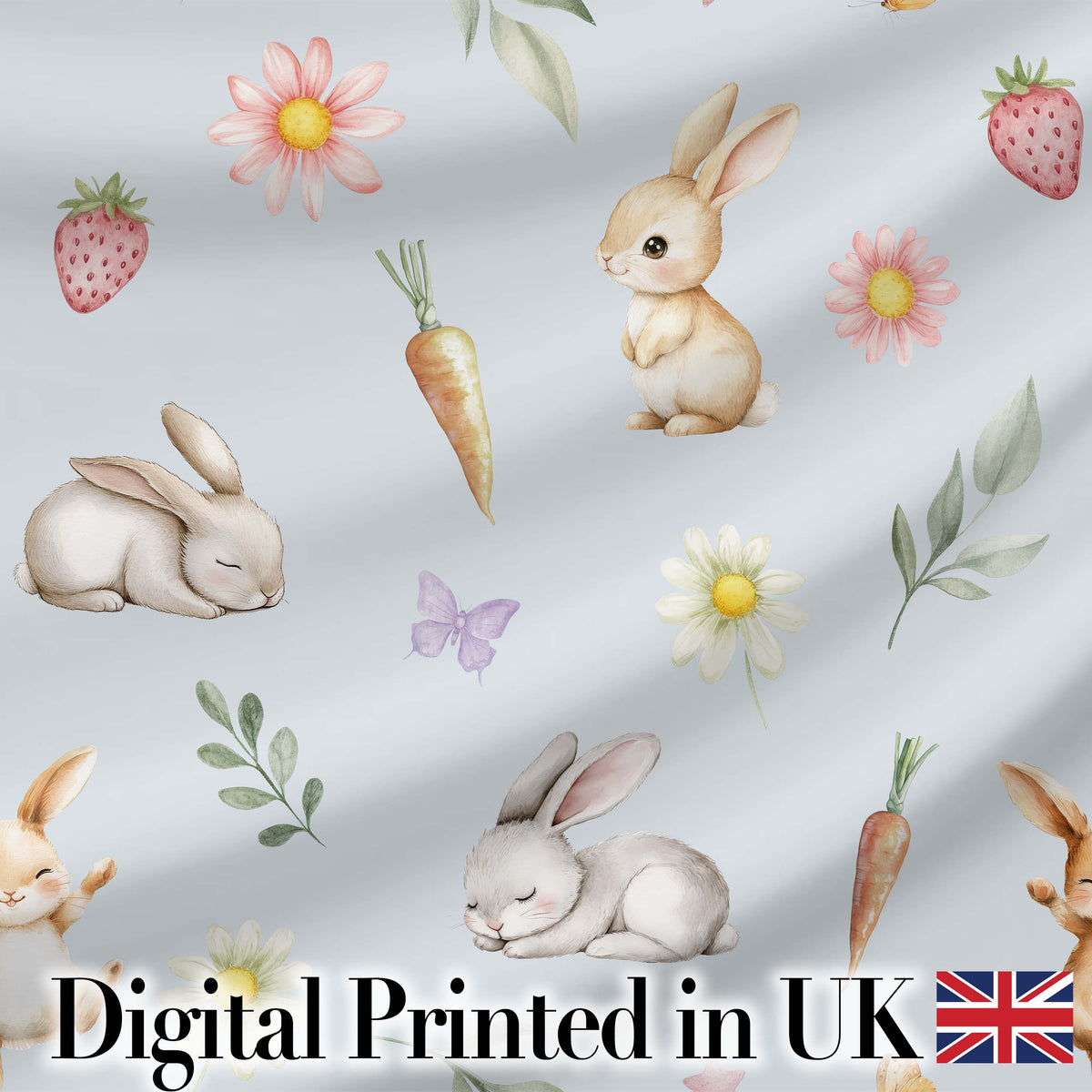 Cute Bunny Rabbits with Flowers Carrots and Butterflies Soft Blue Background   Digital Print Fabric by the Metre UK Sewing Quilting Textile