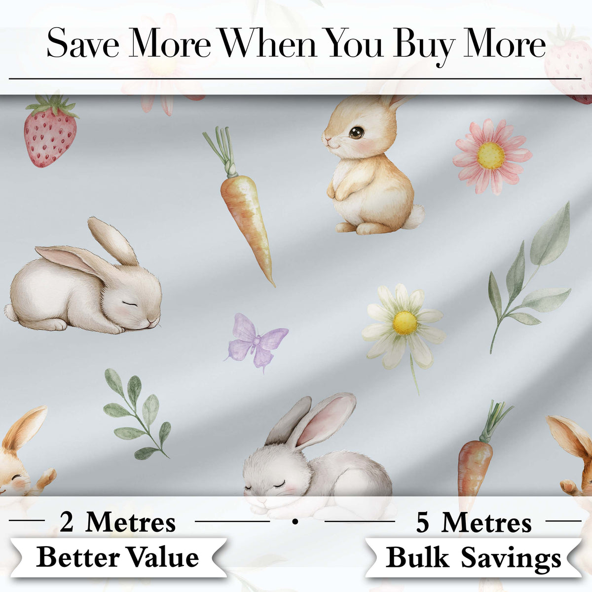 Cute Bunny Rabbits with Flowers Carrots and Butterflies Soft Blue Background   Digital Print Fabric by the Metre UK Sewing Quilting Textile