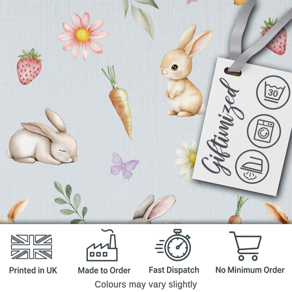 Cute Bunny Rabbits with Flowers Carrots and Butterflies Soft Blue Background   Digital Print Fabric by the Metre UK Sewing Quilting Textile