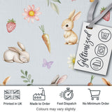 Cute Bunny Rabbits with Flowers Carrots and Butterflies Soft Blue Background   Digital Print Fabric by the Metre UK Sewing Quilting Textile