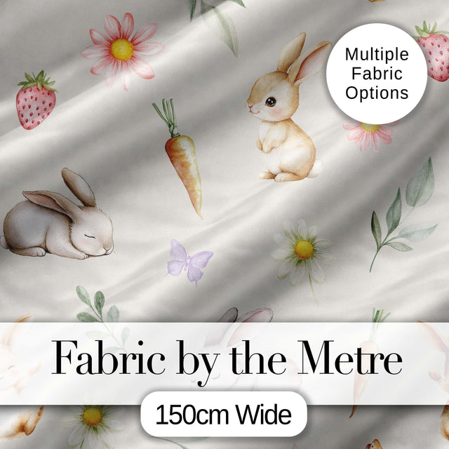 Bunny Rabbits with Flowers Carrots and Butterflies Light Cream Background   Digital Print Fabric by the Metre UK Sewing Quilting Textile