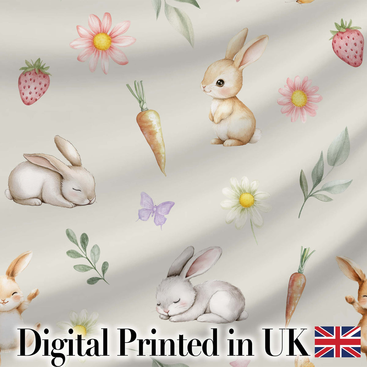 Bunny Rabbits with Flowers Carrots and Butterflies Light Cream Background   Digital Print Fabric by the Metre UK Sewing Quilting Textile