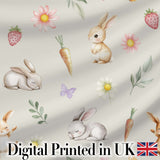 Bunny Rabbits with Flowers Carrots and Butterflies Light Cream Background   Digital Print Fabric by the Metre UK Sewing Quilting Textile
