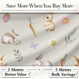 Bunny Rabbits with Flowers Carrots and Butterflies Light Cream Background   Digital Print Fabric by the Metre UK Sewing Quilting Textile