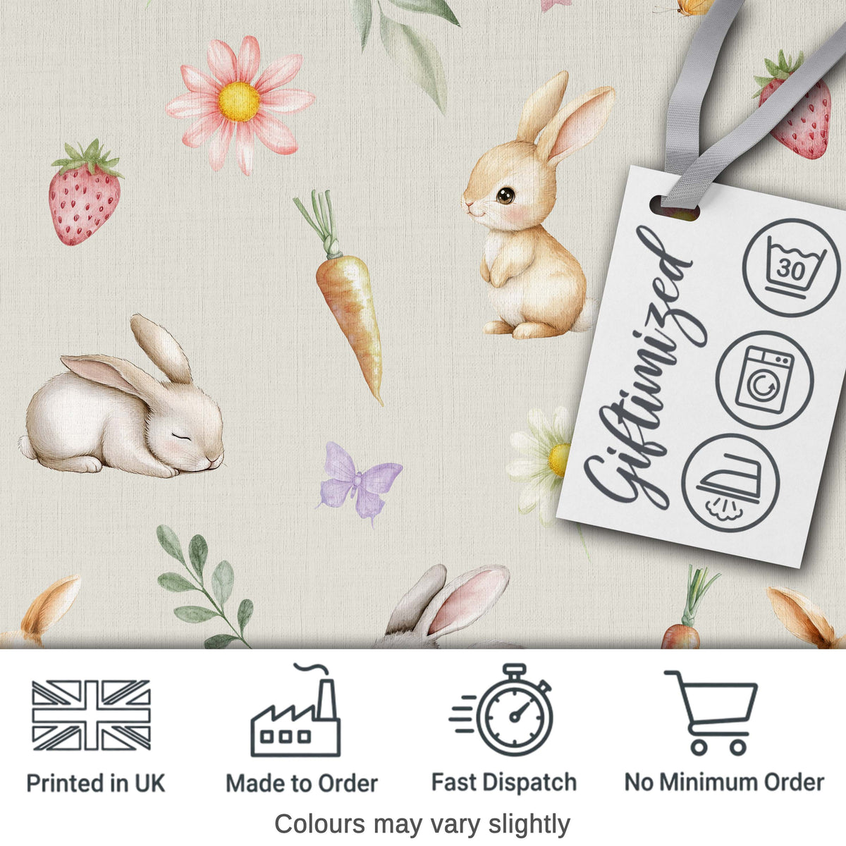 Bunny Rabbits with Flowers Carrots and Butterflies Light Cream Background   Digital Print Fabric by the Metre UK Sewing Quilting Textile