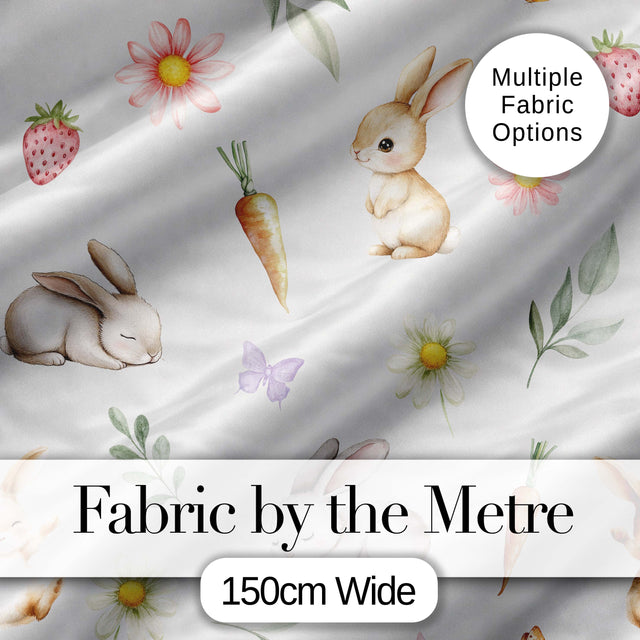 Cute Bunny Rabbits with Flowers Carrots and Butterflies Soft Grey Background   Digital Print Fabric by the Metre UK Sewing Quilting Textile