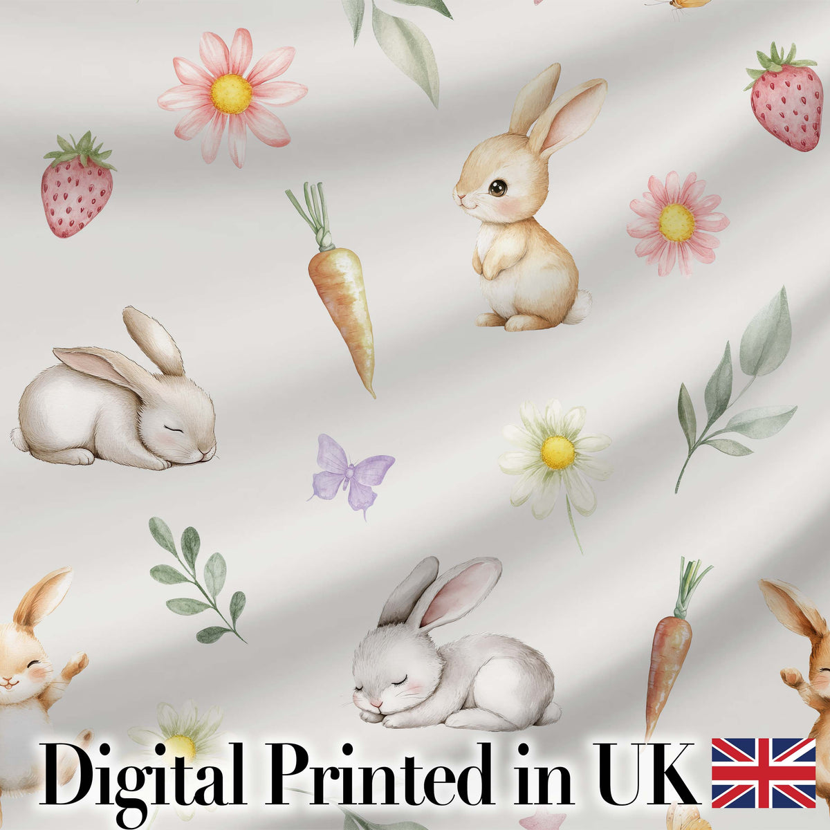 Cute Bunny Rabbits with Flowers Carrots and Butterflies Soft Grey Background   Digital Print Fabric by the Metre UK Sewing Quilting Textile