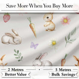 Cute Bunny Rabbits with Flowers Carrots and Butterflies Soft Grey Background   Digital Print Fabric by the Metre UK Sewing Quilting Textile